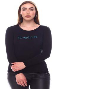 Bebe Long Sleeve Crew Neck Rhinestone Print Front Top, [Brand New]